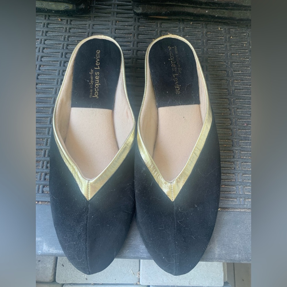 Jacques Levine Black and Gold Velvet Slippers